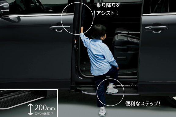 【モデル入り素材】●ユニバーサルステップ（助手席側）［全車にメーカーオプション］●ロングアシストグリップ（センターピラー左右）