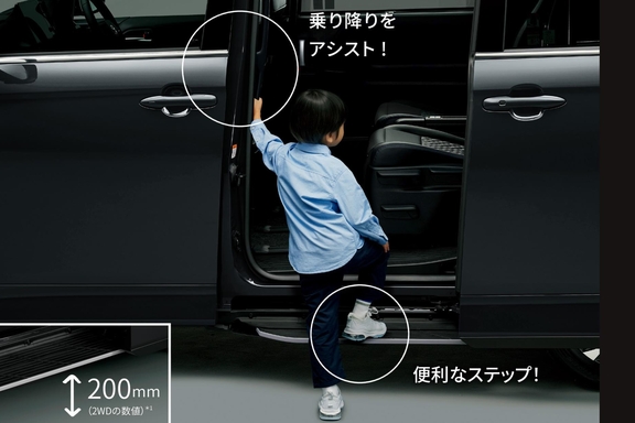 【モデル入り素材】●ユニバーサルステップ（助手席側）［全車にメーカーオプション］●ロングアシストグリップ（センターピラー左右）