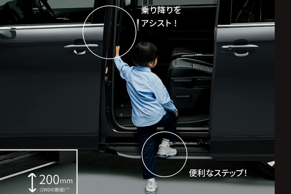 【モデル入り素材】●ユニバーサルステップ（助手席側）［全車にメーカーオプション］●ロングアシストグリップ（センターピラー左右）